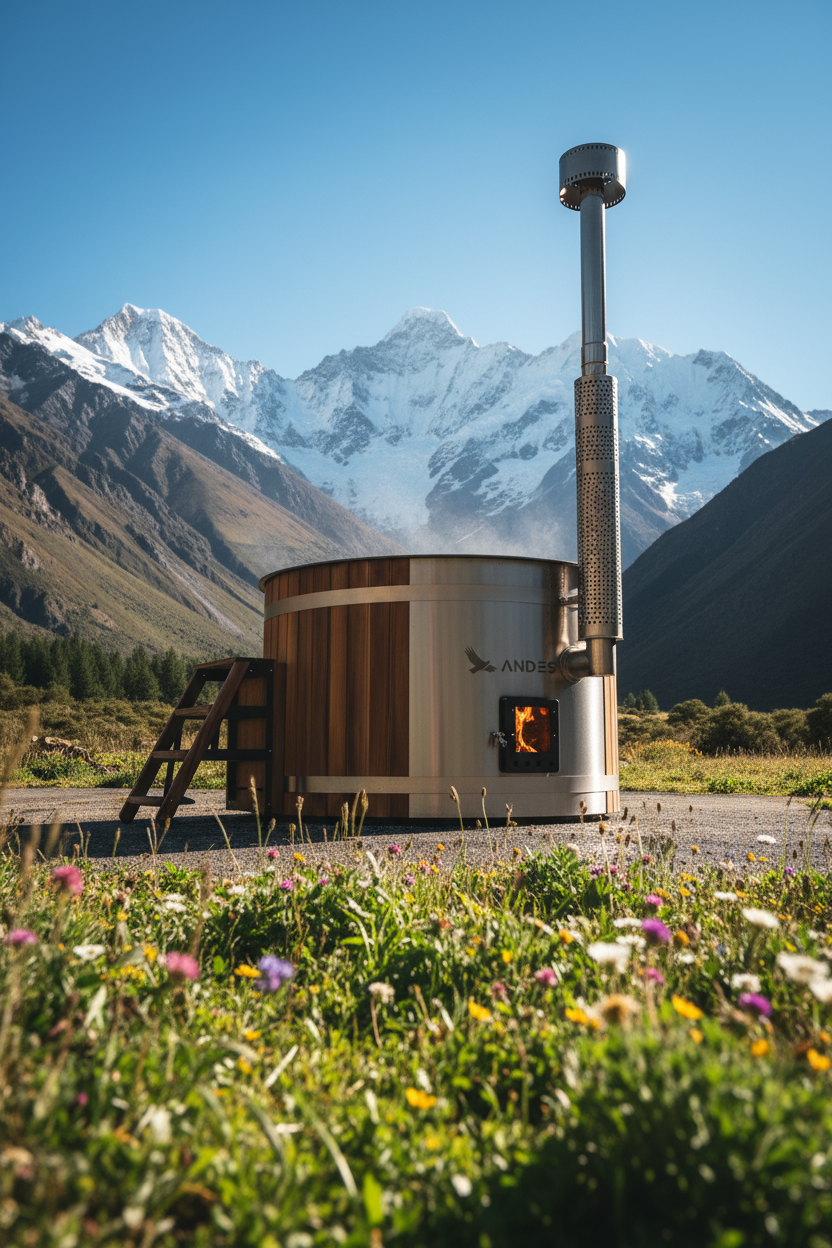 Wood-fired stove in a mountainous landscape with snow-capped peaks and wildflowers.