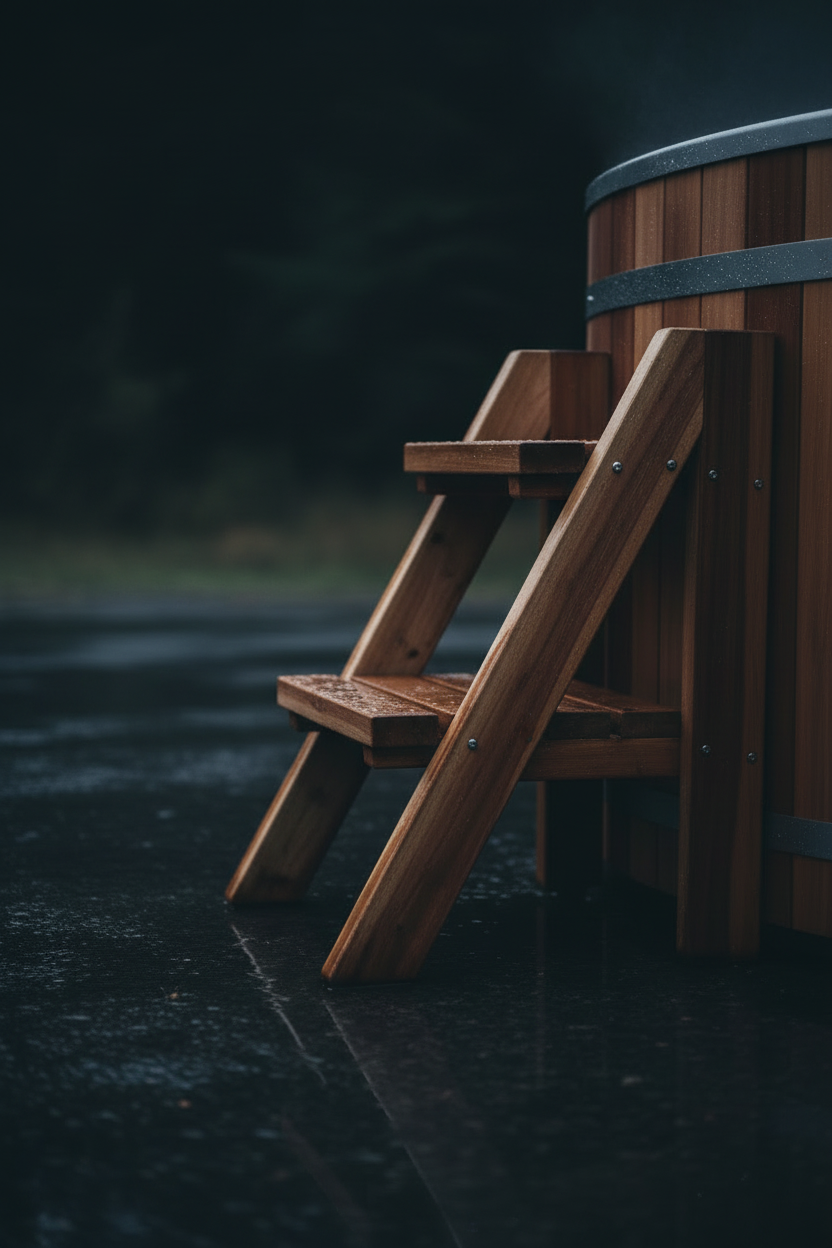 Wooden hot tub with steps on a dark, possibly stormy night.