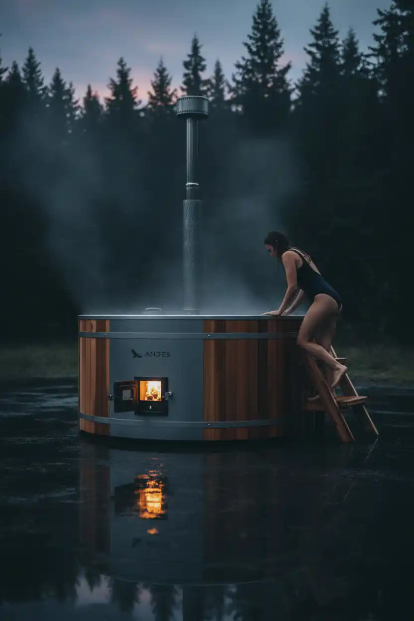 Person sitting on a hot tub in a forest during dusk