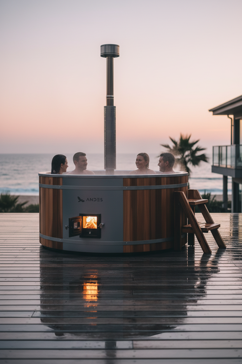 People in a hot tub by the ocean at sunset