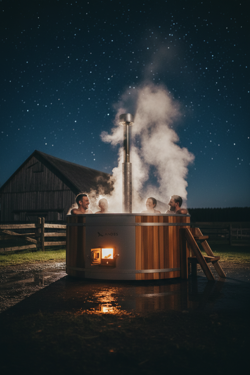 People in a hot tub outdoors at night with a barn in the background