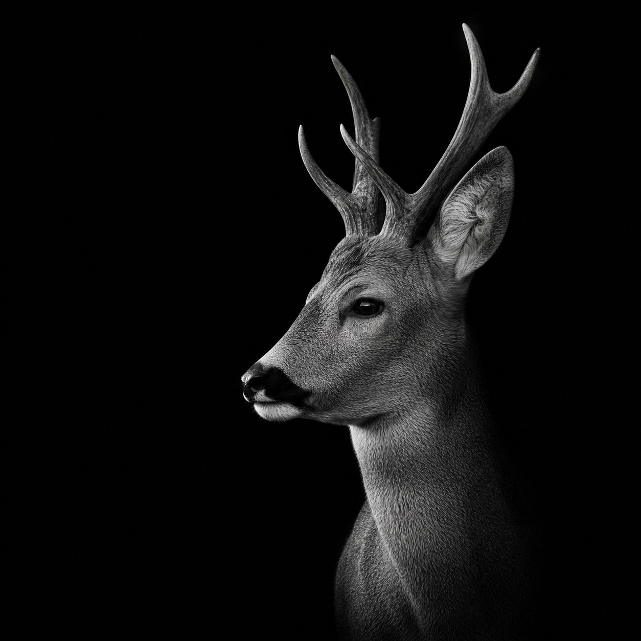 Black and white portrait of a deer with prominent antlers on a black background