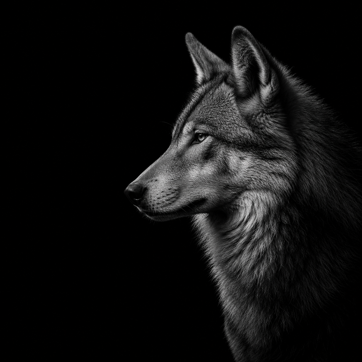 Black and white portrait of a wolf on a black background