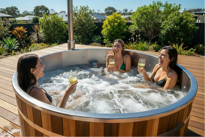 Three women enjoying a hot tub outdoors on a sunny day.