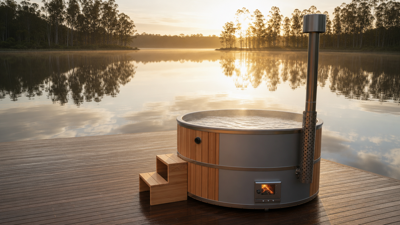 Hot tub on a wooden deck by a lake at sunset