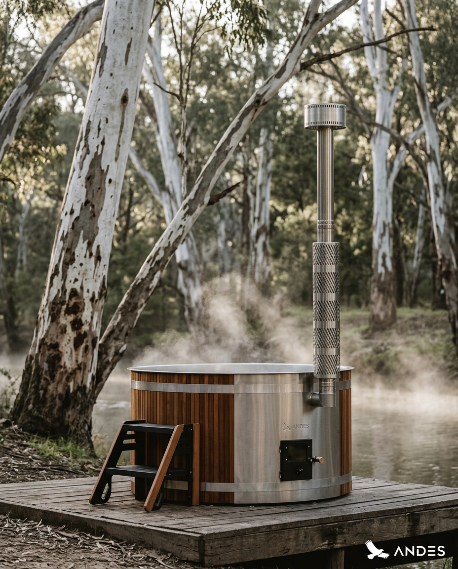Illustration of a wood-fired hot tub on a deck among eucalyptus trees