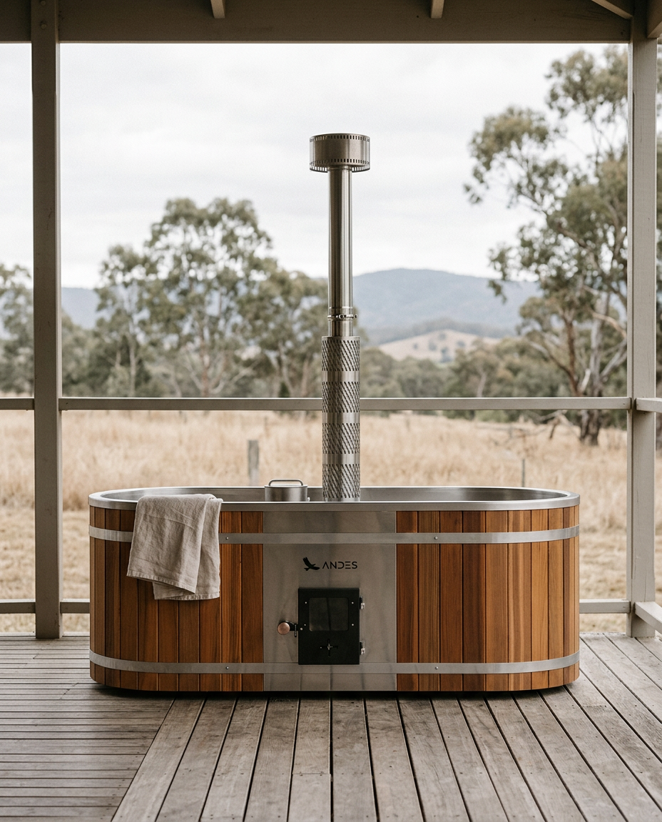 Illustration of a cedar-clad hot tub with chimney on a sheltered terrace