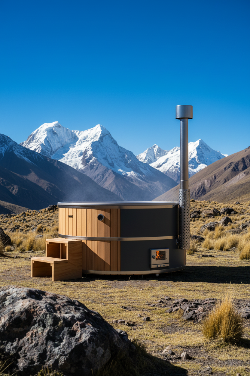 Small wooden cabin in a mountainous landscape with snow-capped peaks.