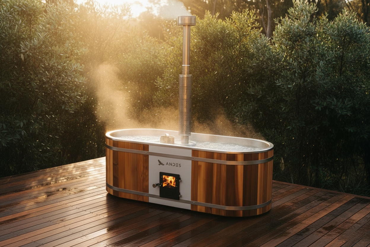 Wood-fired hot tub on a wooden deck with trees in the background
