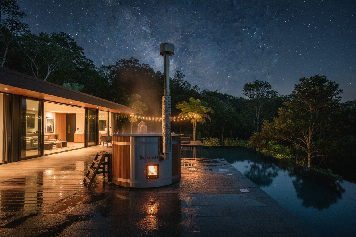Modern outdoor living space with a pool, fire pit, and starry night sky.