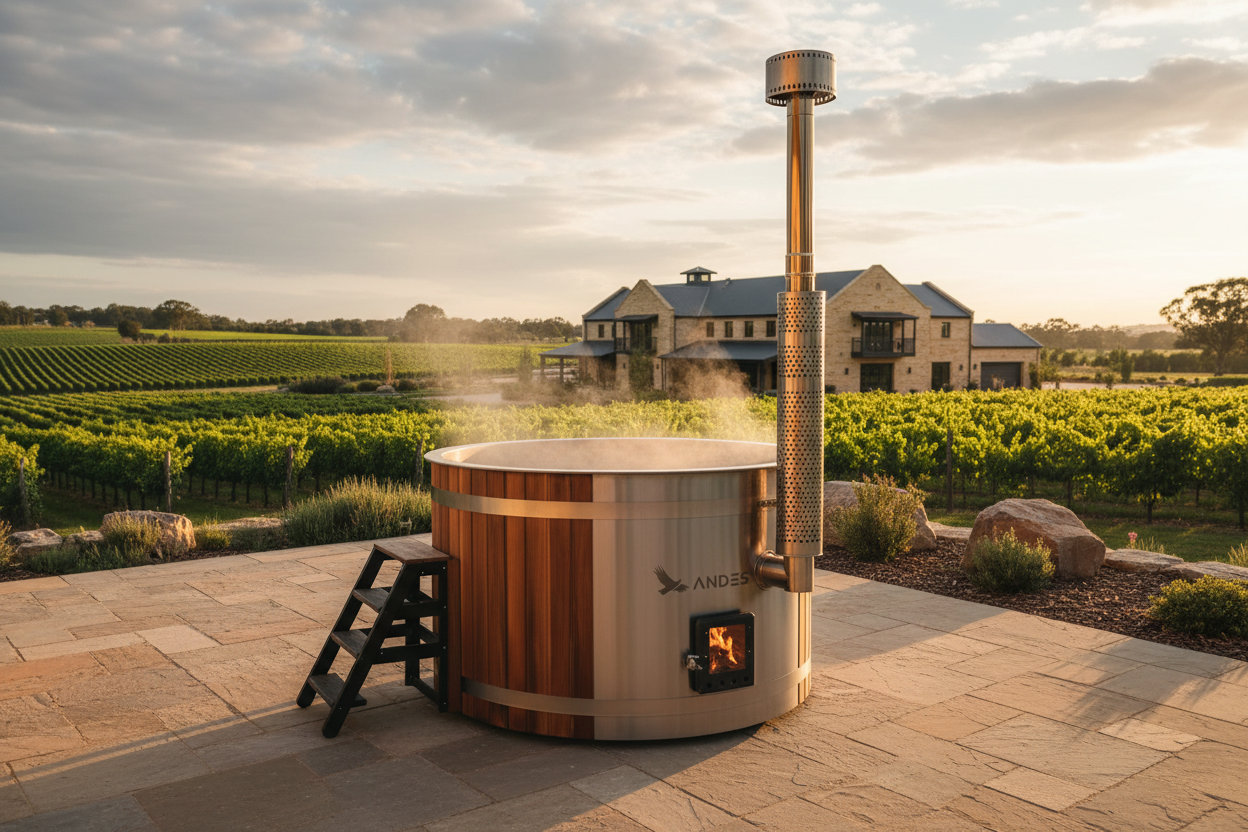 Wood-fired hot tub in a scenic outdoor setting with vineyards and a building in the background.