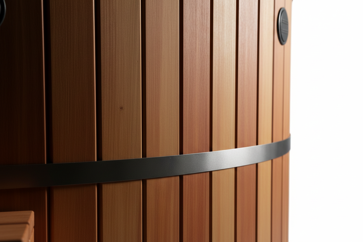 Wooden sauna door with metal handle on a white background