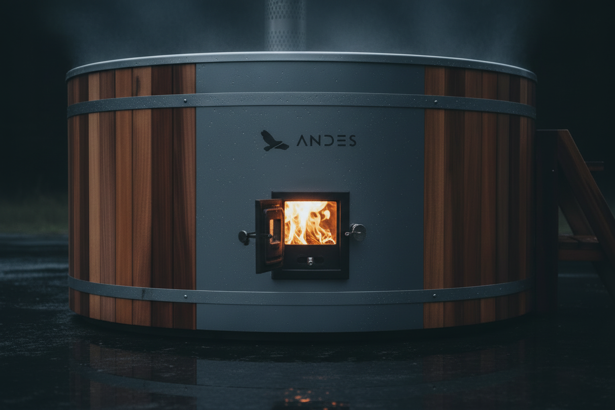 Wood-fired hot tub with Andes branding on a dark background