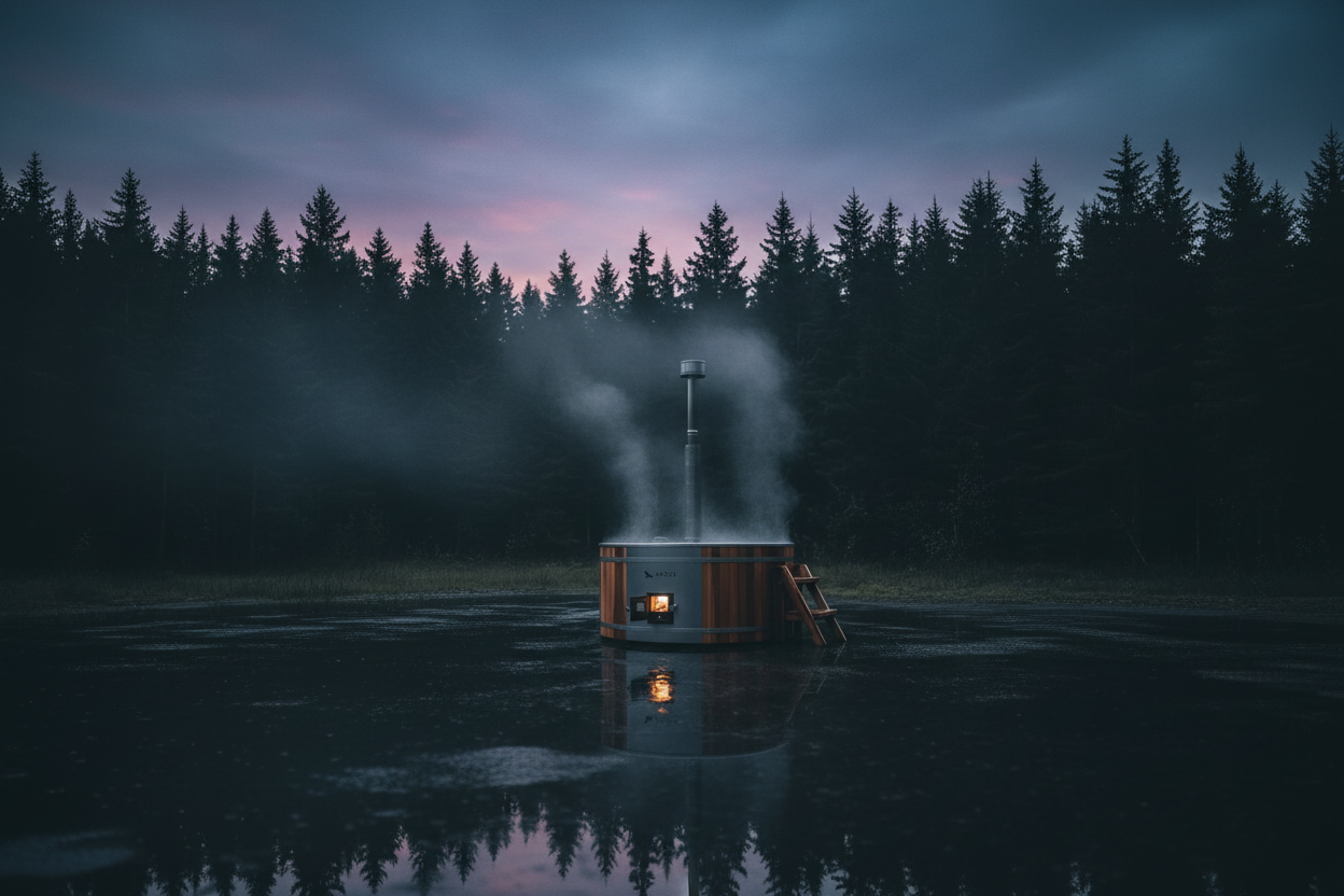 Wooden cabin on a lake with steam rising, surrounded by trees at night.
