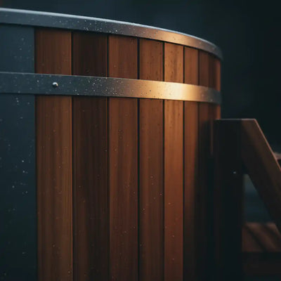 Wooden barrel with a metal band on a dark background