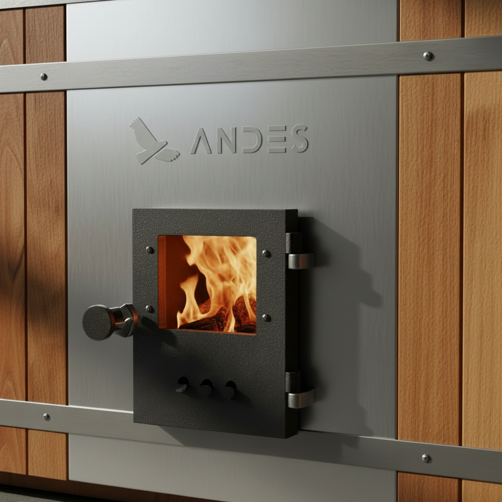 Wood-burning stove with flames visible, branded 'Andes', mounted on a wooden wall.