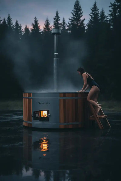 Person sitting on a hot tub in a forest during dusk