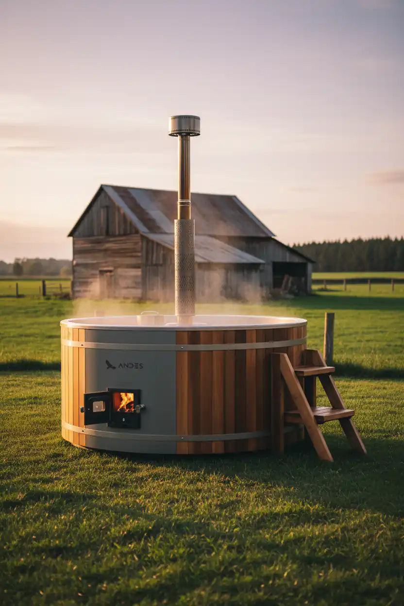 Wood-fired hot tub in a grassy field with a wooden cabin in the background