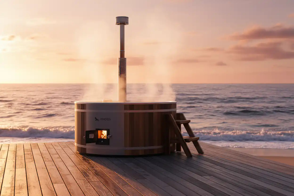 Wooden hot tub on a wooden deck by the ocean at sunset