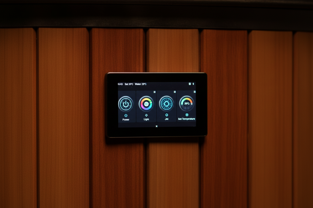 Smart home control panel on a wooden wall