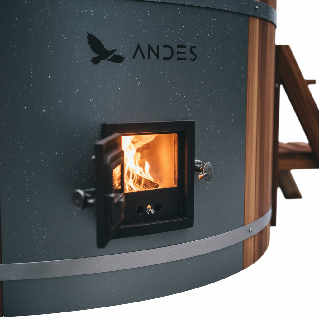 Wood-burning stove with visible flames and 'Andes' branding on a dark background