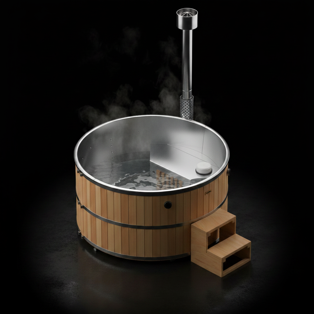 Wooden hot tub with steam rising on a dark background