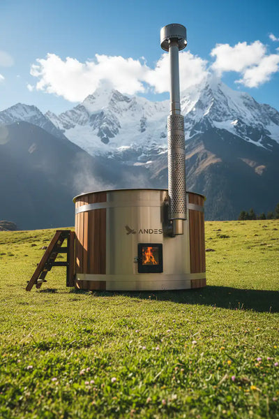 Wood-fired stove with 'Andes' branding in a mountainous landscape