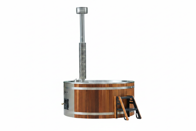 Stainless and cedar hot tub on white background no pallet